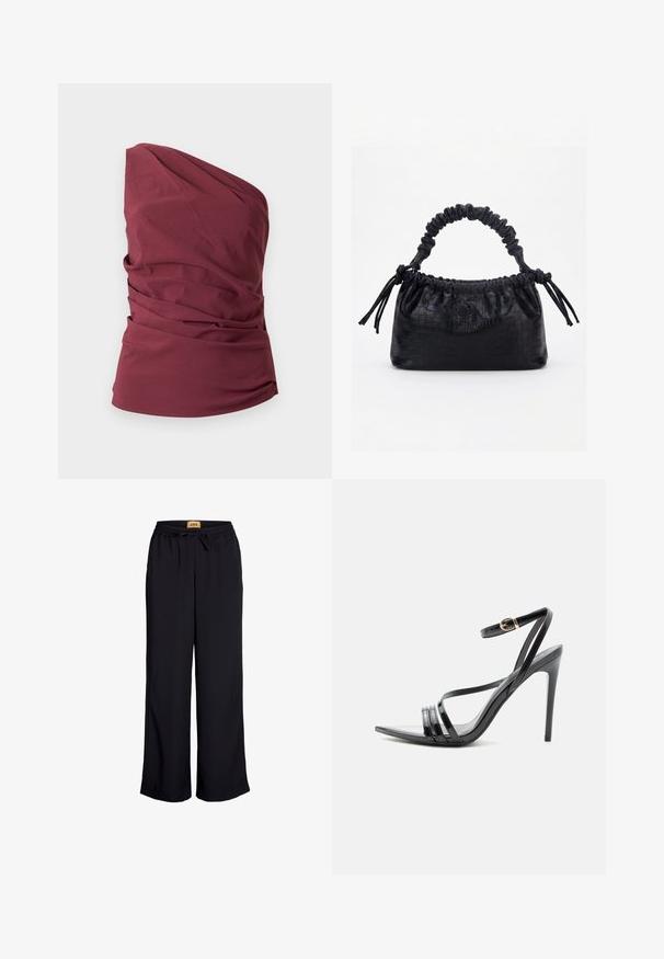 Haut bordeaux sans manches à une épaule avec des détails en tissu drapé et une taille cintrée sur un fond uni.; Pantalons larges noirs avec une taille élastique et un cordon de serrage. Fabriqués à partir d'un tissu lisse sans motifs ni accents visibles.; Sandale noire à talon haut avec de fines brides sur les orteils et la cheville, avec une boucle dorée sur un talon aiguille élancé.; Sac à main noir avec texture crocodile, bord supérieur froncé, poignée plissée et pompons à cordon de chaque côté sur fond blanc.