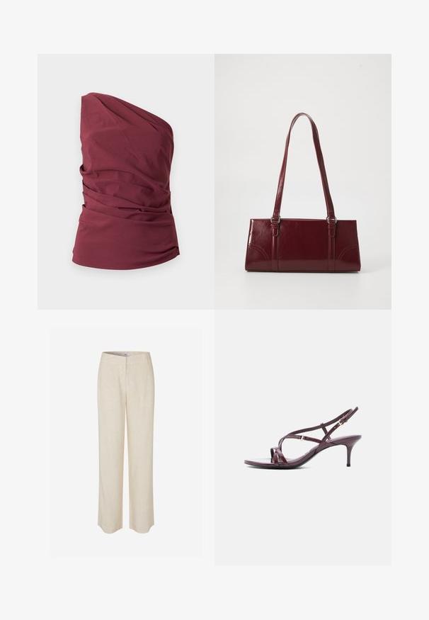 Haut bordeaux sans manches à une épaule avec des détails en tissu drapé et une taille cintrée sur un fond uni.; Pantalon en lin beige à coupe droite, avec une texture lisse et un léger éclat. Comprend une ceinture et des poches avant discrètes.; Sandales à talons à brides en cuir verni bordeaux profond, dotées d'un talon fin, d'un bout ouvert et d'un design croisé avec boucle ajustable.; Sac à main bordeaux en matériau brillant, de forme rectangulaire, avec deux anses et des accents légèrement courbés à l'avant.