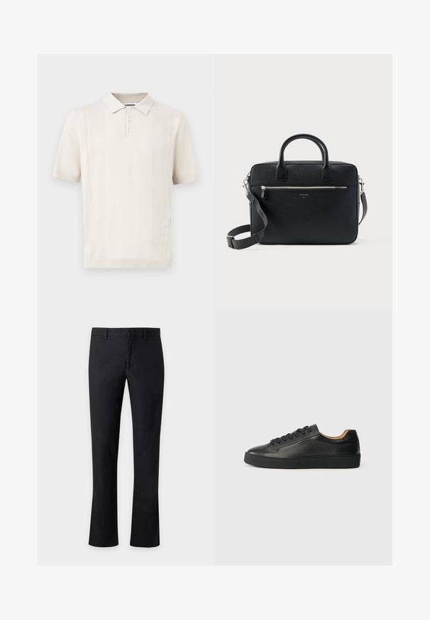 Polo crème à manches courtes avec trois boutons et de subtiles rayures perforées verticales à l'avant.; Pantalon droit noir avec passants de ceinture et fermeture éclair à l'avant sur un fond clair uni.; Baskets basses en cuir noir avec surface texturée, lacets noirs et semelle en caoutchouc épaisse, présentées de côté sur un fond clair.; Serviette rectangulaire en cuir noir texturé avec double poignée, poche avant zippée et bandoulière réglable présentée sur fond blanc.