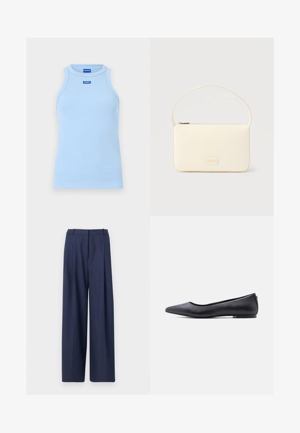 Hellblaues, geripptes Tanktop mit hohem Kragen, ärmellosem Design und blauen Logoetiketten auf der Vorderseite. Glatter Stoff mit figurbetonter Silhouette.; Königsblaue weite Hosen aus strukturiertem Stoff, mit einem gefältelten Vorderteil und einem stabilen Taillenteil mit Gürtelschlaufen.; Schwarzer flacher Lederschuh mit spitzer Kappe und niedrigem Absatz, seitlich vor weißem Hintergrund gezeigt.; Rechteckige Handtasche in Cremefarbe mit einem einzelnen Trageriemen und Reißverschluss oben, ausgestattet mit einer kleinen, geprägten Logoplakette vorne.