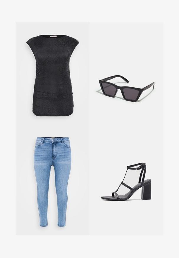 Sort kortærmet top lavet af struktureret, glitrende stof med rynkedetaljer på siden; rund halsudskæring; tætsiddende silhuet.; Lysblå skinny jeans lavet af denim, med høj talje, fem-lomme design og let falmning langs lårene.; Sorte hælede sandaler med firkantet tå og blokhælb. Har tynde stropper og en justerbar ankelspænde. Glat læderoverflade.; Sorte, kantede solbriller med grå linser; lavet af plast, med tykke stænger med en glat overflade og ingen synlig hardware.