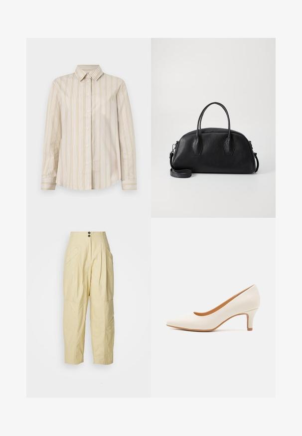 Beige stribet skjorte med tynde hvide linjer, knaplukning, klassisk krave, lange ærmer og en buet kant. Lavet af et glat, let stof.; Beige høj talje bukser lavet af bomuld med folder, sidelommer og to frontknapper. Afslappet pasform og tapered form.; Hvid læder højhælet sko med spids tå og en slank, let skrå hæl. Glat tekstur med et minimalistisk design og tan sål.; Sort læder håndtaske med rund form, dobbelte top håndtag, tekstureret overflade og aftagelig skulderrem. To hexagonale detaljer på siderne.