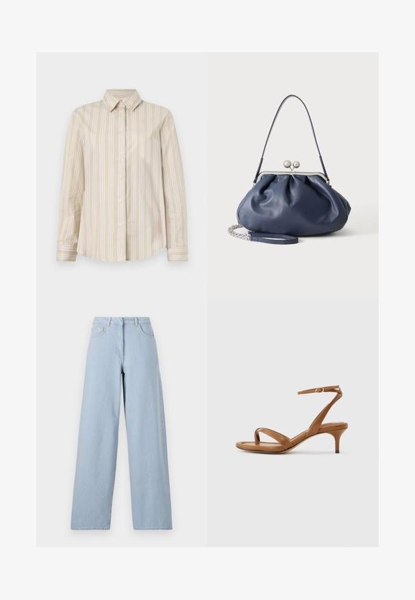 Bežiribaga särk, millel on peened valged jooned, nööpidega disain, klassikaline krae, pikad varrukad ja kumer hem. Valmistatud siledast, kergest kangast.; REMAIN COCOON PANTS - Wide leg - light blue; Pruun nahast rihmik sandaal madala kassikandiga ja väikese pandlaga pahkluu rihmaga, nähtav külgvaates tavalise taustaga.; Pehme tumesinine nahast käekott hõbedase klambriga, ühe õlarihmaga ja eemaldatava ketiga randmerihmaga valgel taustal.