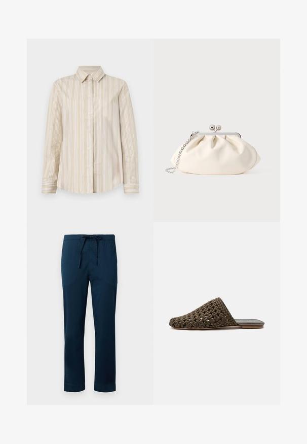 Camisa a rayas beige con finas líneas blancas, diseño de botones, cuello clásico, mangas largas y dobladillo curvado. Fabricada con una tela suave y ligera.; Pantalones livianos de color azul marino con cintura elástica y cordón ajustable. Tela suave, diseño de pierna recta y dobladillo con puños.; Mule marrón tejido tipo slip-on con suela plana y puntera cerrada y redondeada sobre fondo blanco.; Bolso de mano de tela color crema con diseño fruncido, marco metálico plateado, dos bolas decorativas y correa de cadena plateada.
