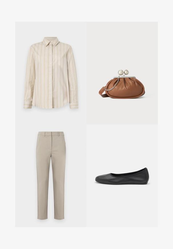 Beige stribet skjorte med tynde hvide linjer, knaplukning, klassisk krave, lange ærmer og en buet kant. Lavet af et glat, let stof.; MM by MaxMara EFFETTO - Bukser - sand; Sort læderballetsko med rund tå, glat tekstur, minimal syning og et fleksibelt såldesign.; Brun læder clutch-pung med sølv kugleklap og en lille sølv kædedetalje på en hvid baggrund.