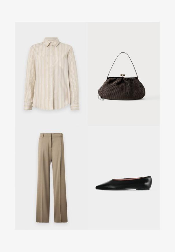 Chemise rayée beige avec de fines lignes blanches, design à boutons, col classique, manches longues et ourlet arrondi. Fabriquée dans un tissu lisse et léger.; Pantalons large en tissu brun clair. Ils présentent une texture lisse, des plis bien pressés et une ceinture à l'avant plate.; Chaussure plate en cuir noir pour femme, avec bout pointu et petit talon, vue de côté sur un fond gris clair uni.; Petit sac à main texturé marron foncé avec une courte bandoulière, un cadre métallique et une fermeture à fermoir, posé sur un fond clair uni.