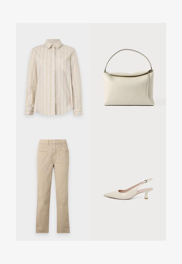 Chemise rayée beige avec de fines lignes blanches, design à boutons, col classique, manches longues et ourlet arrondi. Fabriquée dans un tissu lisse et léger.; Pantalon beige en coton avec une coupe droite, doté d'une fermeture à bouton sur le devant, de deux poches sur le devant et de détails de couture subtils.; Chaussure slingback couleur crème à bout pointu avec un petit talon bas incurvé et une bride réglable à boucle.; Sac à main en cuir de couleur crème avec une seule bandoulière, design minimaliste, et un détail de tirette de fermeture éclair sur un fond uni.