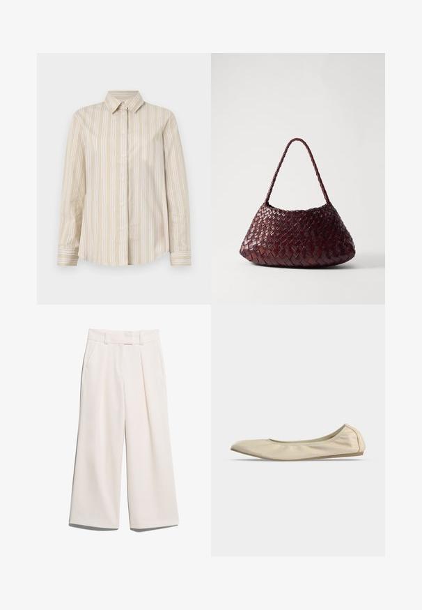 Chemise rayée beige avec de fines lignes blanches, design à boutons, col classique, manches longues et ourlet arrondi. Fabriquée dans un tissu lisse et léger.; Pantalons à jambes larges de couleur crème claire, fabriqués en tissu lisse avec deux poches avant et une couture visible sur la taille.; Ballerine beige en cuir souple avec bout arrondi, profil latéral bas et semelle fine en caoutchouc sur fond blanc uni.; DRAGON DIFFUSION ROSANNA - Sac à main - bruciato