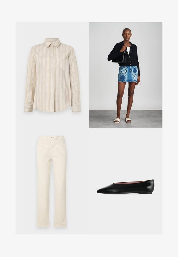 Beige stribet skjorte med tynde hvide linjer, knaplukning, klassisk krave, lange ærmer og en buet kant. Lavet af et glat, let stof.; Beige bomuldsbukser med lige ben, featuring en knaplukning og diskrete frontlommer. Nederkanten har en let opfriskning.; Sort damesko i læder med flad hæl og spids tå, vist fra siden på en ensfarvet lys grå baggrund.; Sort striktrøje, hvid top, denimnederdel med blå og sort diamantmønster, sort håndtaske og beige slidesandaler.