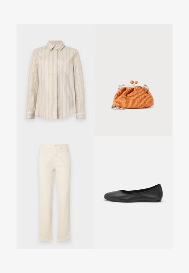 Beige gestreepte shirt met dunne witte lijnen, knoopsluiting, klassieke kraag, lange mouwen en een gebogen zoom. Gemaakt van een gladde, lichte stof.; Beige katoenen broek met een recht model, voorzien van een knoopsluiting en subtiele zijzakken. De zoom heeft een lichte rafelrand.; Zwarte leren ballerina met een ronde neus, gladde textuur, minimale stikdetails en een flexibele zoolontwerp.; Kleine oranje geweven clutch met zilverkleurig metalen frame, ronde sluiting en een zilveren kettingriem op een witte achtergrond.