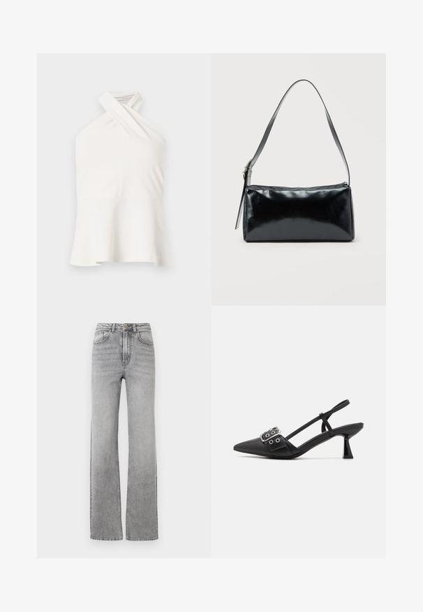 Witte mouwloze top met een gekruiste halterhals en uitlopende zoom, weergegeven tegen een effen lichte achtergrond.; Rechtersleg faded grijze denim jeans met een knoop- en ritssluiting, voorzakken en riemlussen op een witte achtergrond.; Simmi London DALA - Klassieke pumps - black; Zwarte rechthoekige schoudertas met een enkele verstelbare band en een bovenste ritssluiting op een effen achtergrond.