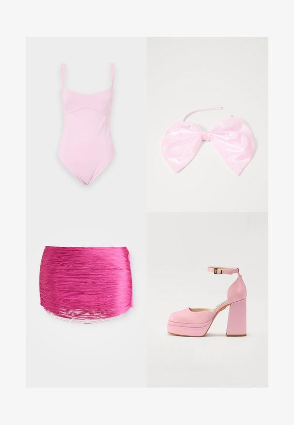Good American TANK - Top - flora; Rosa gefalteter Stoff mit horizontalen Linien, runder Form und kontrastierendem glänzendem Rand. Texturiert mit lebendiger Farbe und glatter Oberfläche.; Rosa High Heels mit Plattform, abgerundetem Zehenbereich, Knöchelriemen und Blockabsatz. Glattes Material mit feiner Textur und goldener Schnallen-Detail.; Rosa, glänzendes Haaraccessoire in Form einer großen Schleife, mit glatter Textur und einem dünnen Riemen zum Befestigen.