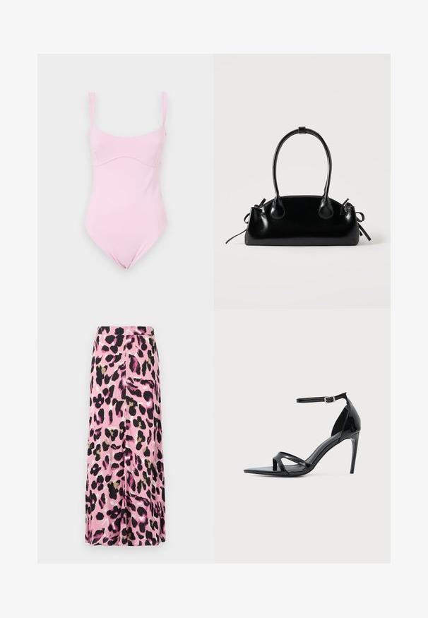 Good American TANK - Top - flora; Rosa Rock mit einem Tiermuster in Schwarz, Gold und Weiß. Glatter Stoff mit fließendem Design. Midilanger Schnitt.; Schwarze Sandale aus Lackleder mit hohem Absatz, dünnem Knöchelriemen, offenem Zehenbereich und minimalistischem Design auf hellem, einfarbigem Hintergrund.; Kleine schwarze glänzende Handtasche mit zwei langen Griffen und seitlichen Kordelzug-Details vor einfachem hellem Hintergrund.
