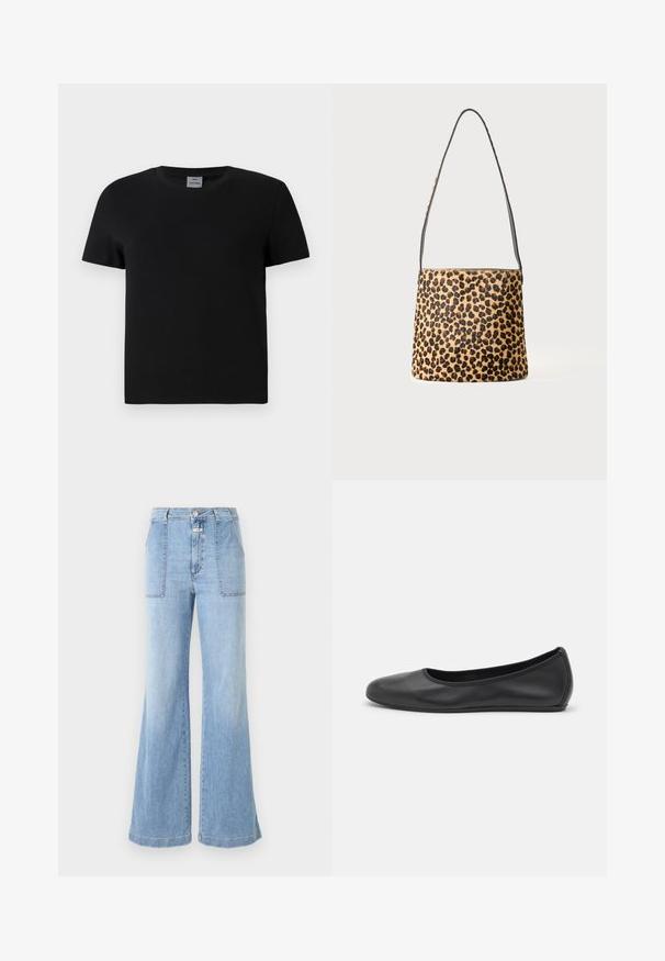 Zwart katoenen t-shirt met een ronde hals en korte mouwen. Eenvoudig ontwerp, geen patronen of accenten, met een recht gesneden taille.; CLOSED ARIA - Flared Jeans - light blue; Zwarte leren ballerina met een ronde neus, gladde textuur, minimale stikdetails en een flexibele zoolontwerp.; Schoudertas met luipaardprint, een lange zwarte riem en een rechthoekige vorm tegen een effen lichte achtergrond.