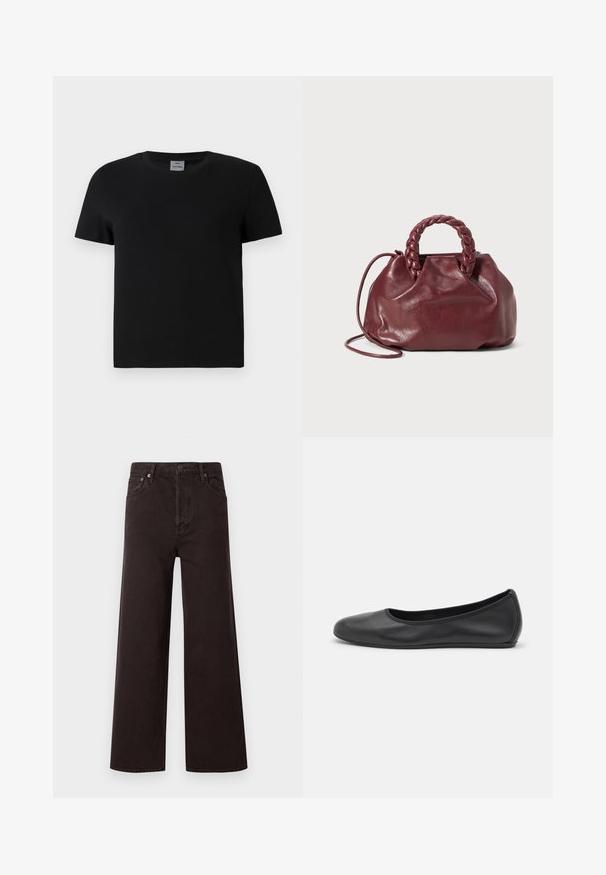 T-shirt en coton noir avec un col ras du cou et des manches courtes. Design simple, sans motifs ni accents, avec une coupe droite à la taille.; Jean noir à jambes larges avec taille haute, fabriqué en denim. Dispose de cinq poches et d'une fermeture à bouton en métal, texture lisse et design classique.; Ballerines en cuir noir avec un bout rond, texture lisse, détails de couture minimalistes et design de semelle flexible.; Sac à main en cuir bordeaux avec une anse tressée, texture douce et forme arrondie. Dispose d'une bandoulière amovible pour plus de polyvalence.