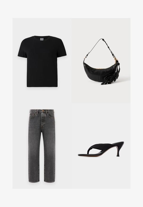 Schwarzes Baumwoll-T-Shirt mit Rundhalsausschnitt und kurzen Ärmeln. Einfaches Design, keine Muster oder Akzente, mit geradem Schnitt an der Taille.; Dunkelgraue Jeans aus Denim mit geradem Schnitt, fünf Taschen und sichtbaren Nähtelementen. Knopfverschluss hinten am Bund.; Schwarze Sandale mit mittelhohem Absatz, gepolstertem Zehenriemen und Zehensteg-Design, schmalem Absatz und glatter Sohle vor einfachem hellem Hintergrund.; Schwarze, halbmondförmige Lederschultertasche mit verstellbarem Riemen, goldfarbenem Reißverschluss und dekorativen, blattförmigen Lederquasten auf einer Seite.