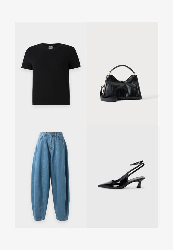 Sort bomulds t-shirt med rund hals og korte ærmer. Enkel design, ingen mønstre eller detaljer, med lige skæring ved taljen.; Højtsiddende, løstsiddende blå denim jeans med folder, forlommer, bæltesløjfer og knap- og lynlåslukning.; Sorte patenterede læderslingbacks med spidse tæer, lav blokhælt og justerbar ankelrem med guldspænde.; Sort læder håndtaske med teksturerede lodrette linjer, kort håndtag, aftagelig lang rem og guldfarvede hardware-accenter på ensfarvet baggrund.