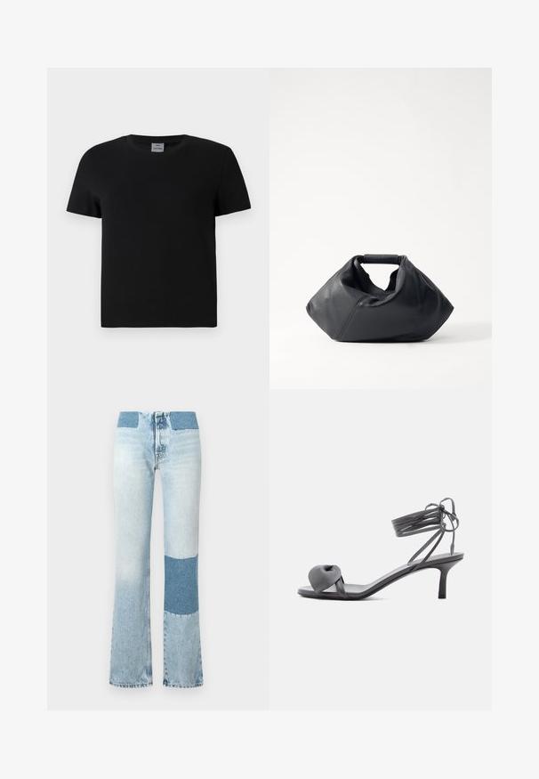 Schwarzes Baumwoll-T-Shirt mit Rundhalsausschnitt und kurzen Ärmeln. Einfaches Design, keine Muster oder Akzente, mit geradem Schnitt an der Taille.; Hellblaue Jeans mit ausgestellt geschnittenem Bein und einem kontrastierenden dunkelblauen Patch an jedem Bein. Sie haben eine hohe Taille und genähte Details an den Nähten.; Graue Leder-Pumps mit Absatz, verknotetem Riemen über den Zehen und Wickelriemen um den Knöchel auf schlankem, mittelhohem Absatz vor weißem Hintergrund.; Schwarze Lederhandtasche mit strukturiertem Äußeren, einzigartiger zerknüllter Form und kurzem Henkel. Verfügt über ein einzelnes Hauptfach.
