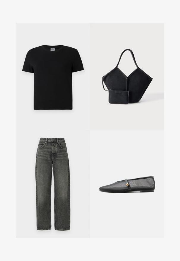 Sort bomulds t-shirt med rund hals og korte ærmer. Enkel design, ingen mønstre eller detaljer, med lige skæring ved taljen.; Won Hundred ALEXANDRA - Jeans Relaxed Fit - tinted black; Sort flad sko med lav hæl, mesh-overdel og tynd rem med guldknapdetalje over fodens vrist.; Sort geometrisk tote taske med en bred enkelt håndtag og matchende lille lynlåslomme fastgjort, mod en ensartet lys baggrund.