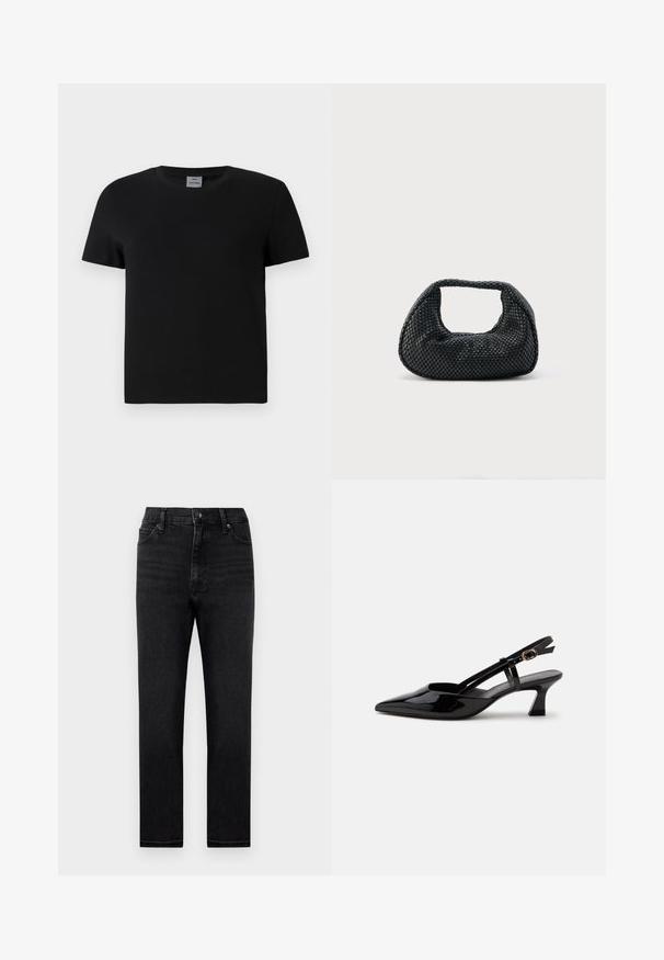 T-shirt en coton noir avec un col ras du cou et des manches courtes. Design simple, sans motifs ni accents, avec une coupe droite à la taille.; Jean en denim noir avec une coupe droite, taille haute et un design classique à cinq poches. Comprend des passants de ceinture et une fermeture à glissière.; Chaussure slingback en cuir verni noir à petit talon, bout pointu et bride réglable avec boucle dorée sur fond blanc.; Sac hobo tissé noir avec une structure souple et une poignée intégrée, présenté sur un fond clair uni.