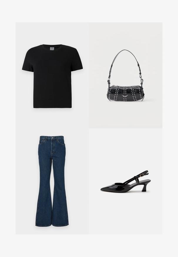T-shirt en coton noir avec un col ras du cou et des manches courtes. Design simple, sans motifs ni accents, avec une coupe droite à la taille.; Jeans évasés bleu foncé en denim. Dotés d'une taille haute, de cinq poches et d'une couture contrastante. Texture lisse et finition soignée.; Chaussure slingback en cuir verni noir à petit talon, bout pointu et bride réglable avec boucle dorée sur fond blanc.; Sac d'épaule en cuir verni noir orné de clous argentés disposés en rangées verticales et d'un petit emblème d'oiseau argenté au centre devant.