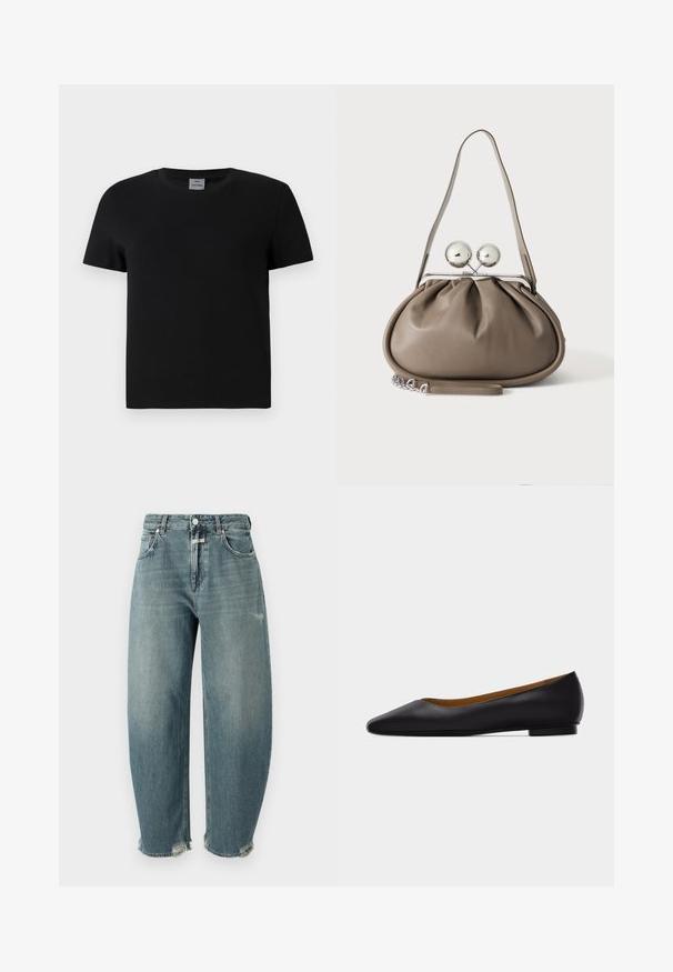 Schwarzes Baumwoll-T-Shirt mit Rundhalsausschnitt und kurzen Ärmeln. Einfaches Design, keine Muster oder Akzente, mit geradem Schnitt an der Taille.; CLOSED JAZZIE - Baggy Jeans - mid blue; Schwarzer flacher Schuh aus Leder mit spitz zulaufender Vorderkappe, niedrigem Absatz und glatter Oberfläche, von der Seite vor einem hellgrauen Hintergrund dargestellt.; Graue Lederhandtasche mit abgerundeter Form, oberem Verschluss mit zwei großen silbernen Kugeln und einem einzelnen Trageriemen.