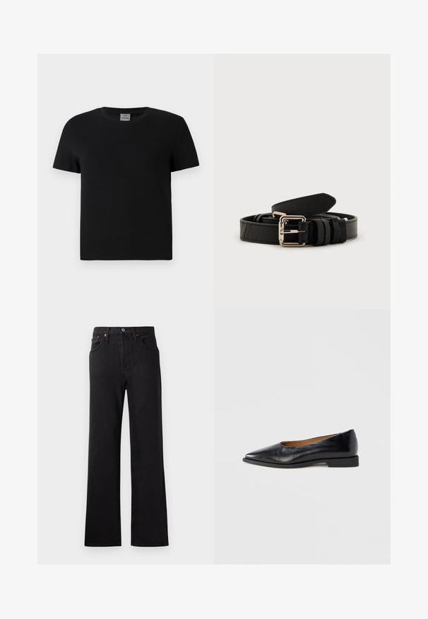 T-shirt en coton noir avec un col ras du cou et des manches courtes. Design simple, sans motifs ni accents, avec une coupe droite à la taille.; Jean en denim noir taille haute avec une jambe évasée, présentant des coutures visibles, un design à cinq poches et des accents en métal cuivré.; Chaussure plate en cuir noir avec un bout pointu et un petit talon carré. Texture lisse, design minimaliste, sans éléments métalliques visibles ni motifs.; Ceinture en cuir noir enroulée avec une boucle rectangulaire argentée et trois passants sur fond blanc.