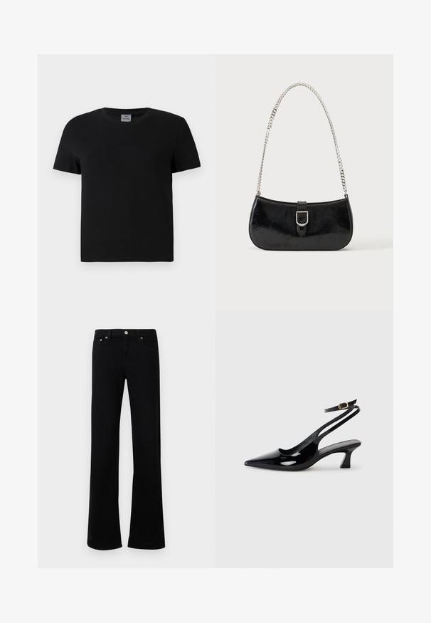 T-shirt en coton noir avec un col ras du cou et des manches courtes. Design simple, sans motifs ni accents, avec une coupe droite à la taille.; Jean évasé noir en mélange de coton, doté d'un design classique à cinq poches, d'une fermeture à bouton métallique et de détails de couture subtils.; Escarpins à brides arrière en cuir verni noir, à bout pointu, avec un petit talon carré et une sangle de cheville ajustable dotée d'une boucle dorée.; Sac à épaule en cuir verni noir avec détail de boucle argentée et bandoulière en chaîne argentée, présenté sur un fond uni clair.