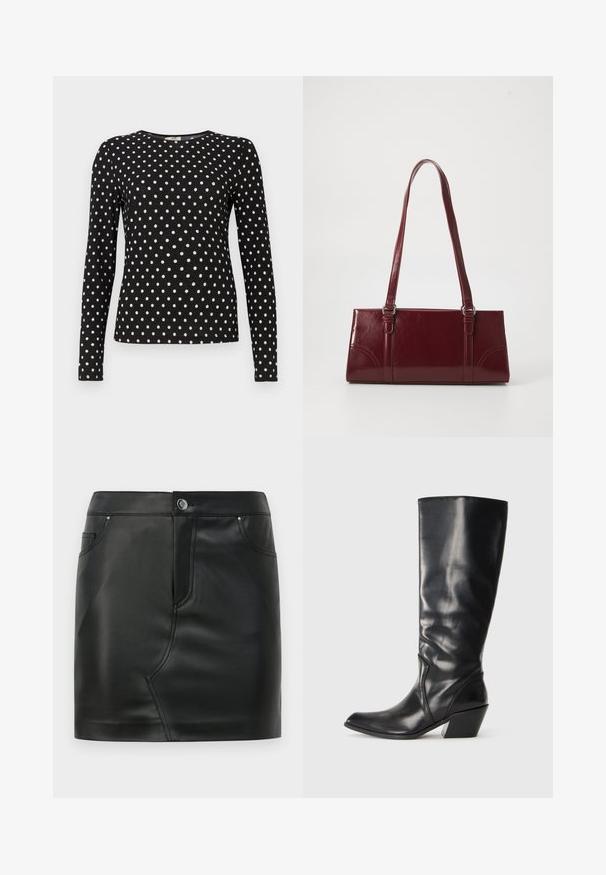 Top de manga larga negro con lunares blancos, cuello redondo y tejido texturizado. Ofrece una silueta ajustada, adecuada para el uso casual.; Mini falda de imitación cuero negra con botones frontales, cierre de cremallera, bolsillos delanteros y traseros, y detalles de costura.; Bota de cuero negra hasta la rodilla con punta afilada, tacón angular y textura suave. Presenta un sutil acento de costura a lo largo del costado.; Bolso burdeos hecho de material brillante, de forma rectangular, con dos asas para el hombro y sutiles acentos curvados en la parte frontal.