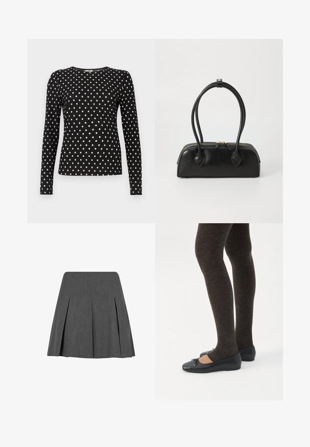 Haut à manches longues noir avec des pois blancs, col rond et tissu texturé. Offre une silhouette ajustée, idéale pour un look décontracté.; Jupe plissée grise au design structuré, fabriquée à partir d'un tissu lisse. Présente un ourlet droit et une texture subtile. Pas de matériel visible.; Jambes portant des leggings côtelés foncés associés à des ballerines noires avec de petits détails en nœud sur fond blanc.; Sac à main en cuir noir avec deux anses allongées, fermeture éclair et forme arrondie ; texture lisse avec une finition légèrement brillante.