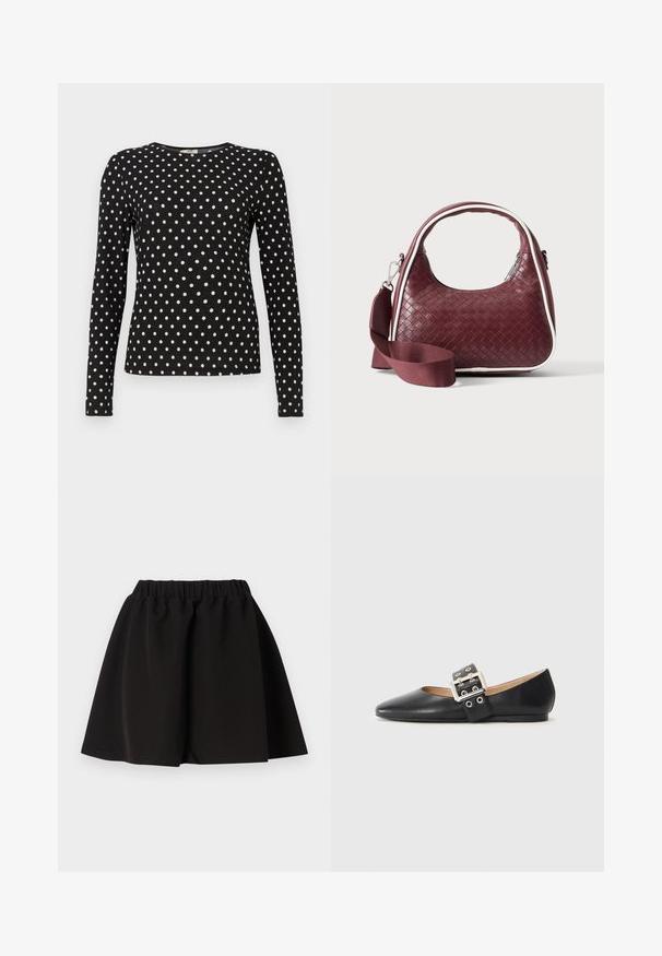 Zwart langemouwtop met witte stippen, ronde halslijn en textuurstof. Biedt een getailleerde silhouet, geschikt voor casual dragen.; Zwarte rok met elastische taille, A-lijnvorm en knielengte zoom, effen ontwerp, plat gelegd tegen een witte achtergrond.; Zwarte platte leren schoen met spits toelopende neus en een decoratieve gespsluiting met zilverkleurige metalen details en kleine uitsparingen.; Donkerrode geweven leren handtas met gebogen handvat, witte bies, zilveren rits en afneembare brede stoffen schouderriem tegen een effen achtergrond.