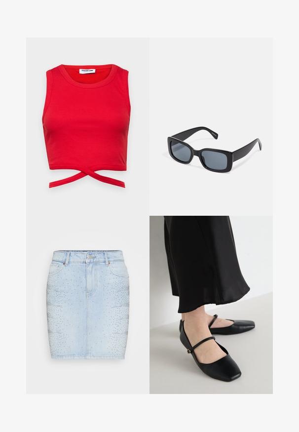 Rød bomulds crop top med ribbet tekstur, ærmeløs design og en knyttet detalje foran for et tæt fit.; Lyseblå denimnederdel med en tætsiddende pasform, mellemhøj talje og pyntet med sølvnitter i et gradientmønster på den ene side.; Sorte flade sko med firkantet tådesign, lavet af glat læder, med et enkelt bånd over foden, med en lille dekorativ detalje.; Sorte rektangulære solbriller med mørkt tonede linser, tyk plastramme og brede stænger. Glat overflade og kantet design.