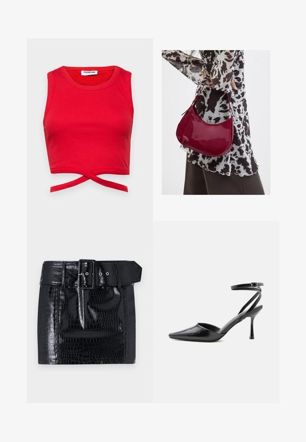 Rød bomulds crop top med ribbet tekstur, ærmeløs design og en knyttet detalje foran for et tæt fit.; Sort faux læder mini nederdel med krokodillemønster, bredt bælte med firkantet spænde og trykknapdetalje i taljen.; Sort spids højhælet sko med tynde ankelremme og sølvspænde på en ensfarvet lys baggrund.; Kvinde iført en sort- og hvidmønstret bluse, der holder en blank rød skuldertaske mod en ensfarvet baggrund.