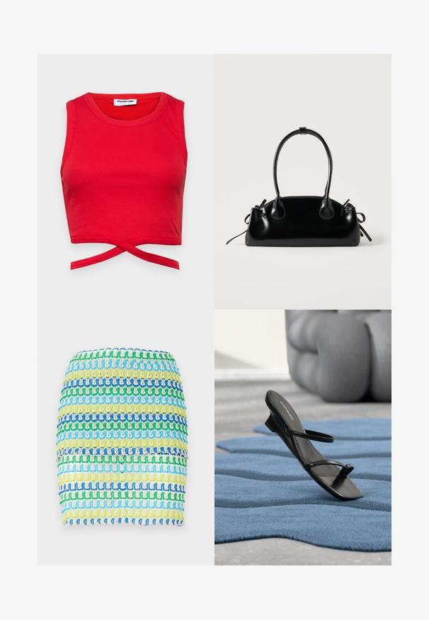 Rød bomulds crop top med ribbet tekstur, ærmeløs design og en knyttet detalje foran for et tæt fit.; Tekstil mini skirt med horisontale striber i blå, grøn og gul. Designet har et tekstureret, vævet udseende med et lagdelt effekt.; Sort sandal med remme og tå-loop vist på et blåt tekstureret tæppe, med en stor grå dekorativ genstand sløret i baggrunden.; Lille sort blank håndtaske med to lange håndtag og snøre-detaljer i siden på en ensfarvet lys baggrund.