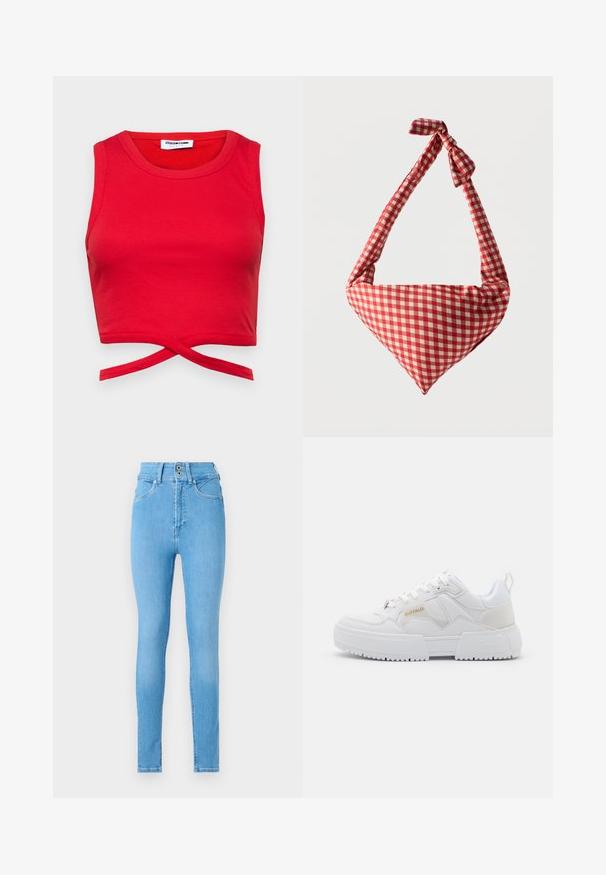 Top corto de algodón rojo con textura acanalada, diseño sin mangas y un detalle de nudo en la parte delantera para una apariencia ajustada.; Jeans ajustados de mezclilla azul clara, diseño de cintura alta con cierre de dos botones, estilo de cinco bolsillos y textura suave.; Zapatillas blancas con un diseño grueso, que presentan materiales de cuero y sintéticos, detalles texturizados, cordones y un logotipo destacado en dorado.; Bolso de tela suave para el hombro con patrón de cuadros rojos y blancos, asa con nudo y forma triangular sobre un fondo liso.