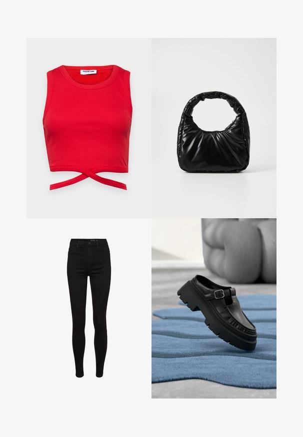 Červený bavlnený crop top s rebrovanou textúrou, bezrukávovým dizajnom a uzlom vpredu pre priliehavý vzhľad.; Čierne denimové skinny džínsy s vysokým pásom, dizajnom s piatimi vreckami, pútkami na opasok a jemnými švami. Hladká textúra, tesne priliehajúci strih.; Čierny kožený mokasín s robustnou podrážkou a striebornou prackou, umiestnený šikmo na textúrovanom modrom koberci.; Čierna vycpaná kabelka s okrúhlym držadlom, s hladkým, lesklým povrchom a jemnou prešitou textúrou. Žiadne viditeľné kovanie ani akcenty.