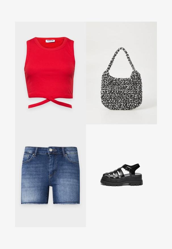 Top corto de algodón rojo con textura acanalada, diseño sin mangas y un detalle de nudo en la parte delantera para una apariencia ajustada.; Shorts de mezclilla en un lavado azul medio con un corte recto. Presentan áreas descoloridas, un bolsillo frontal y un dobladillo sin acabar en la parte inferior.; Sandalias de plataforma negras con correas anchas, hechas de material suave. Presentan una suela gruesa con un patrón texturizado y un cierre de hebilla.; Bolso de mano tejido en blanco y negro con forma redondeada, superficie texturizada y asa trenzada. Adecuado para uso casual.
