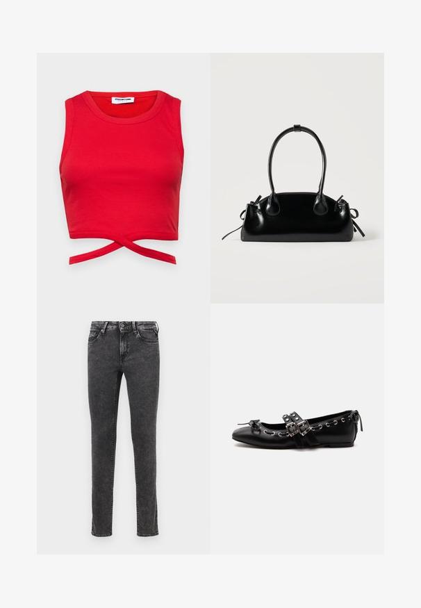 Červený bavlnený crop top s rebrovanou textúrou, bezrukávovým dizajnom a uzlom vpredu pre priliehavý vzhľad.; Čierne džínsy s úzkym strihom, päť-pocket dizajnom a kovovým zapínaním. Obsahujú poškodenú textúru a jemné vyblednutie.; Čierna plochá baletná topánka s dvojitými prackami, striebornými okami a malou mašličkou pri zaoblenom nose na bielom pozadí.; Malá čierna lesklá kabelka s dvoma dlhými rúčkami a bočnými šnúrkovými detailmi na jednoduchom svetlom pozadí.