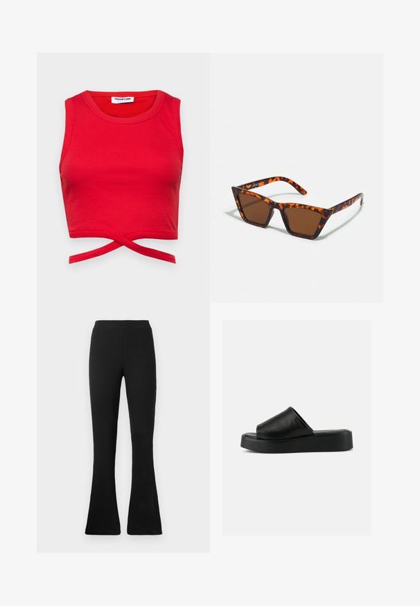 Červený bavlnený crop top s rebrovanou textúrou, bezrukávovým dizajnom a uzlom vpredu pre priliehavý vzhľad.; Čierne rebrované nohavice so širokým strihom a vysokým pásom. Mäkký, elastický materiál vytvára priliehavý siluetu a rozšírený spodok pre štýl a pohodlie.; Čierna platformová sandála na nazutie s širokým koženým pásikom a hrubou podrážkou, zobrazená z profilu na jednoduchom sivom pozadí.; Hnedé slnečné okuliare s motívom korytnačiny, ostré rámy a štíhle nožičky. Ľahký plastový materiál.