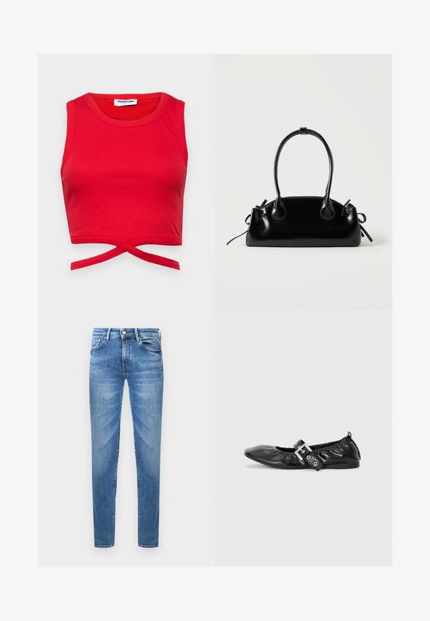 Rød bomulds crop top med ribbet tekstur, ærmeløs design og en knyttet detalje foran for et tæt fit.; Lyseblå denimjeans med slim fit. Funktioner inkluderer en knaplukning, fem lommer og en slidseffekt på lårene.; Sorte læder flade sko med spids tå, samling detaljer omkring åbningen, og en sølv spænde accent på den justerbare rem.; Lille sort blank håndtaske med to lange håndtag og snøre-detaljer i siden på en ensfarvet lys baggrund.