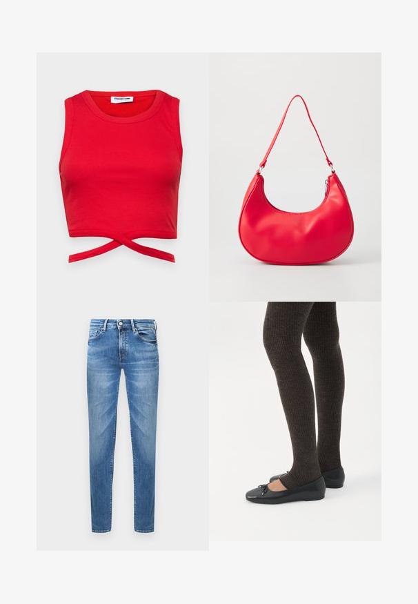 Rød bomulds crop top med ribbet tekstur, ærmeløs design og en knyttet detalje foran for et tæt fit.; Lyseblå denimjeans med slim fit. Funktioner inkluderer en knaplukning, fem lommer og en slidseffekt på lårene.; Ben iført mørke ribbede leggings kombineret med sorte balletsko med små sløjfedetaljer på hvid baggrund.; Rød syntetisk læder skuldertaske med en buet form, slank rem og lynlås lukning. Glat tekstur med synlige syninger.