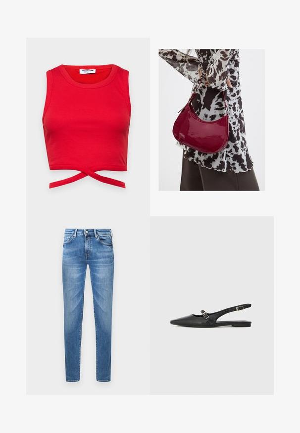 Červený bavlnený crop top s rebrovanou textúrou, bezrukávovým dizajnom a uzlom vpredu pre priliehavý vzhľad.; Svetlomodré džínsy s úzkym strihom. Medzi ich vlastnosti patrí zapínanie na gombík, päť vreciek a efekt ošúchania na stehnách.; Čierne kožené topánky so špičatou špičkou, s úzkym remienkom a striebornou prackou na boku. Plochá podrážka.; Žena v čierno-bielom vzorovanom blúzke drží lesklú červenú kabelku cez rameno na jednofarebnom pozadí.