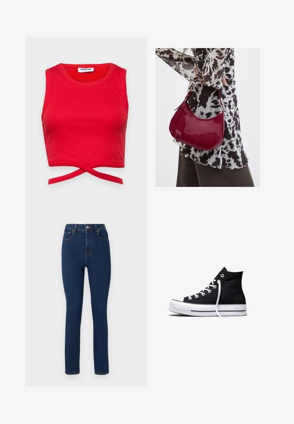 Červený bavlnený crop top s rebrovanou textúrou, bezrukávovým dizajnom a uzlom vpredu pre priliehavý vzhľad.; Tmavomodré džínsy s vysokým pásom, rovný strih, predné vrecká a kontrastné oranžové švy pozdĺž švov. Čistý, minimalistický dizajn.; Čierna vysoká plátenná teniska s bielou gumovou podrážkou a bielymi šnúrkami, zobrazená zboku na bielom pozadí.; Žena v čierno-bielom vzorovanom blúzke drží lesklú červenú kabelku cez rameno na jednofarebnom pozadí.