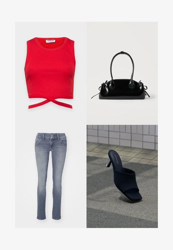 Top corto de algodón rojo con textura acanalada, diseño sin mangas y un detalle de nudo en la parte delantera para una apariencia ajustada.; Jeans ajustados en denim azul claro, con un diseño clásico de cinco bolsillos, cierre de dos botones y un ligero desvanecimiento en la parte delantera.; Mule negro de punta abierta con tacón cuadrado y punta cuadrada, con la marca "EVEN&ODD", colocado sobre un pavimento gris cerca de una pared de azulejos.; Pequeño bolso negro brillante con dos asas largas y detalles de cordón lateral sobre un fondo claro liso.