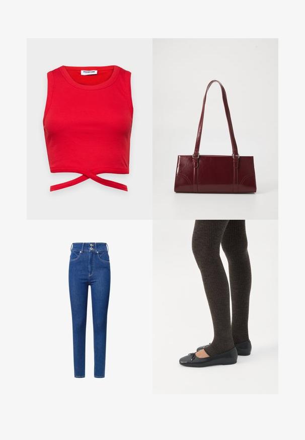 Červený bavlnený crop top s rebrovanou textúrou, bezrukávovým dizajnom a uzlom vpredu pre priliehavý vzhľad.; Džíny z modrej denimu s vysokým pásom a štíhlym strihom, ktoré majú dva gombíky na páse, predné vrecká a kontrastné šitie.; Nohy v tmavých pásikavých legínach v kombinácii s čiernymi balerínkami s malými mašličkami na bielom pozadí.; Bordová kabelka vyrobená z lesklého materiálu, obdĺžnikový tvar, s dvoma ramennými popruhmi a jemnými zakrivenými akcentmi na prednej strane.
