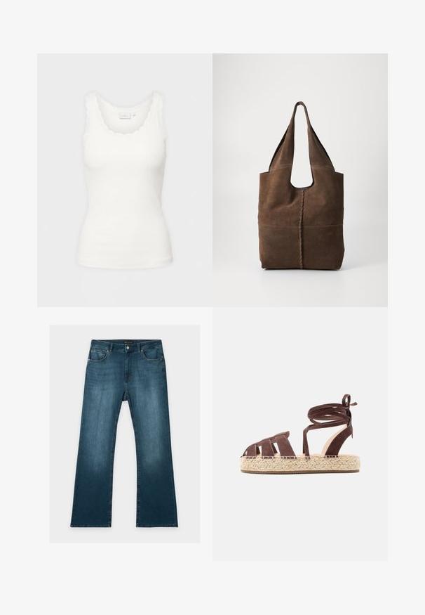 Hvid ribbet tanktop med bølget halsudskæring og ærmekanter, vist på en ensartet lys baggrund.; Blå jeans med lige ben, foran- og baglommer, knap- og lynlåslukning og subtile falmede detaljer på lår og knæ.; Brun ruskinds espadrille sandal med ankelremme og flettet jute-platformsål på hvid baggrund.; Brun ruskind tote taske med et afslappet design, der har to lange håndtag, en central søm og en rå kantfinish.