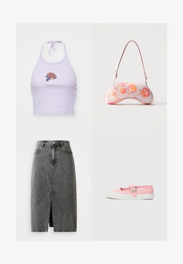 Haut court halter lilas en coton, avec un design de broderie de rose en orange et bleu marine, et une fermeture à nouer au cou.; Jupe midi en denim noir délavé, taille haute, avec fente frontale, passants de ceinture et design classique à cinq poches.; Chaussure en toile rose avec semelle plate, dotée d'une sangle et d'une boucle au milieu du pied. Semelle en caoutchouc blanche au design épuré et simple.; Petit sac à main à la forme courbée présentant un motif floral rose et orange et une bandoulière unique sur fond uni.