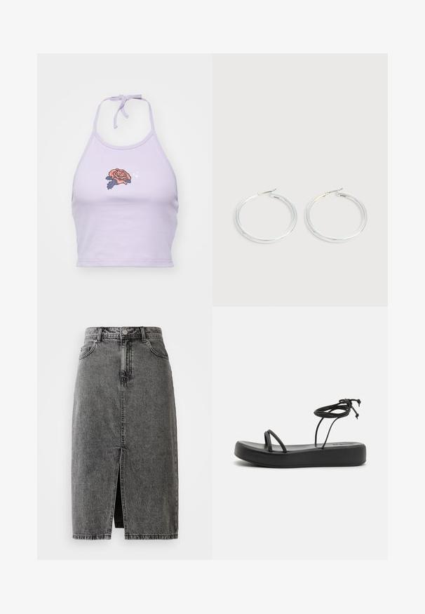 Top corto de color lila con tirantes, hecho de algodón, con un diseño de bordado de rosas en naranja y azul marino, y un cierre con lazo en el cuello.; Falda midi de mezclilla negra deslavada de talle alto, con abertura frontal, pasadores para cinturón y diseño clásico de cinco bolsillos.; Sandalias planas negras con suela ancha, tiras delgadas y un lazo ajustable en el tobillo. Textura suave con un diseño minimalista.; Pareja de pendientes de aro plateados brillantes con cierres de alambre delgado, mostrados sobre un fondo gris claro.