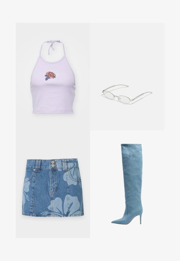Top corto de color lila con tirantes, hecho de algodón, con un diseño de bordado de rosas en naranja y azul marino, y un cierre con lazo en el cuello.; Minifalda vaquera azul con grandes patrones florales claros, bolsillos delanteros, trabillas para cinturón y cierre doble con botones en la cintura.; Bota de mujer alta en denim azul claro con punta afilada y tacón delgado alto sobre un fondo blanco.; Gafas ovaladas con un marco metálico plateado, lentes transparentes y acentos de templos con textura de cuentas. Diseño ligero con brazos curvados.