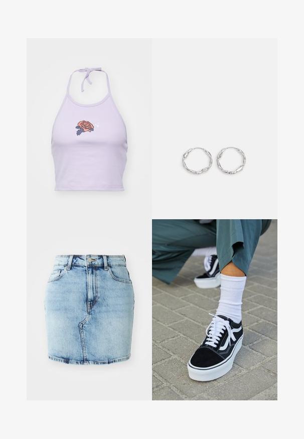 Top corto de color lila con tirantes, hecho de algodón, con un diseño de bordado de rosas en naranja y azul marino, y un cierre con lazo en el cuello.; Falda de mezclilla de color azul claro con una forma ajustada, cinco bolsillos, cierre de botón y cremallera, y detalles cosidos a lo largo del dobladillo.; Zapatillas de ante negro con acentos y cordones blancos, que cuentan con una gruesa suela blanca y costuras en contraste, combinadas con un calcetín blanco.; Pendientes de aro plateados con textura ondulada e irregular. Presentan una forma circular delgada y un acabado reflectante.